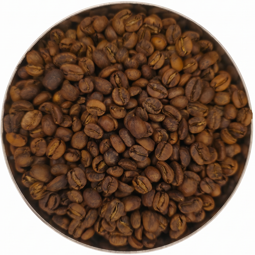 Coffee beans in a metal container on a white background