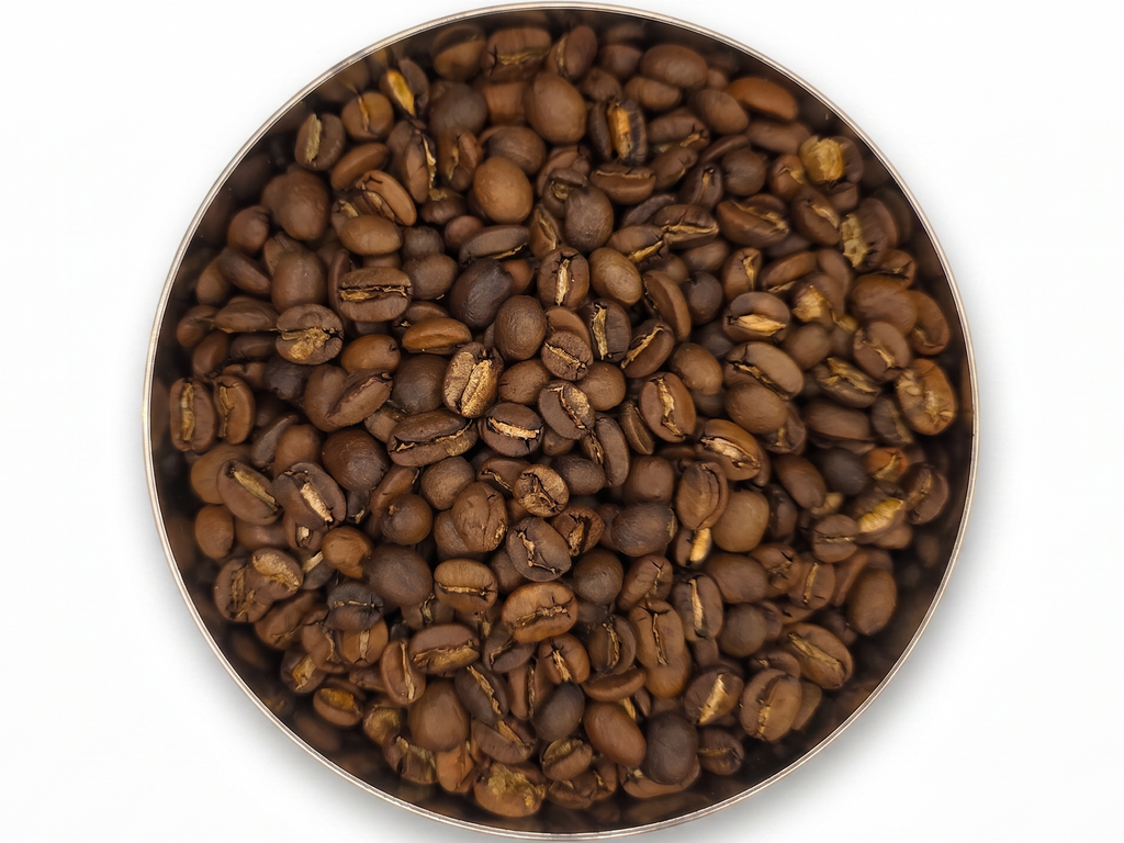 Coffee beans in a round container on a white background