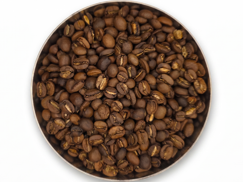 Coffee beans in a round container on a white background